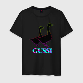 Мужская футболка хлопок с принтом Gussi в Петрозаводске, 100% хлопок | прямой крой, круглый вырез горловины, длина до линии бедер, слегка спущенное плечо. | gucci | gussi | антибренд | бренд | гуси | гусь | гучи | гуччи | мем | мемы | неон | прикол
