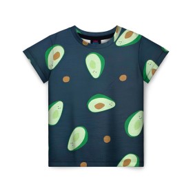 Детская футболка 3D с принтом Авокадо в Петрозаводске, 100% гипоаллергенный полиэфир | прямой крой, круглый вырез горловины, длина до линии бедер, чуть спущенное плечо, ткань немного тянется | Тематика изображения на принте: авокадо | арт | зеленый | косточка | разрез | рисунок | темный | фрукт | черный