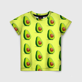 Детская футболка 3D с принтом Авокадо в Петрозаводске, 100% гипоаллергенный полиэфир | прямой крой, круглый вырез горловины, длина до линии бедер, чуть спущенное плечо, ткань немного тянется | авокадо | арт | в разрезе | вкусно | вкусный фрукт | желтый | зеленый | косточка | крупная косточка | разрез | рисунок | сладко | сочно | фрукт
