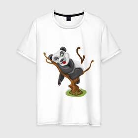 Мужская футболка хлопок с принтом Смешная панда в Петрозаводске, 100% хлопок | прямой крой, круглый вырез горловины, длина до линии бедер, слегка спущенное плечо. | Тематика изображения на принте: exclusive merch | дерево | детская | животные | звери | панда | смешная | спит | язык
