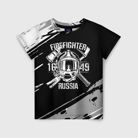 Детская футболка 3D с принтом FIREFIGHTER 1649 RUSSIA в Петрозаводске, 100% гипоаллергенный полиэфир | прямой крой, круглый вырез горловины, длина до линии бедер, чуть спущенное плечо, ткань немного тянется | 112 | 27 декабря | firefighter | багор | белая | герб | гкчс | знак | лого | логотип | маска | мчс | мчсник | пожарная охрана | пожарник | пожарный | пч | россии | рф | серая | символ | служба | состаренная