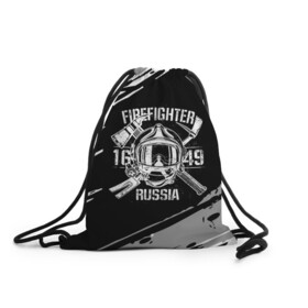 Рюкзак-мешок 3D с принтом FIREFIGHTER 1649 RUSSIA в Петрозаводске, 100% полиэстер | плотность ткани — 200 г/м2, размер — 35 х 45 см; лямки — толстые шнурки, застежка на шнуровке, без карманов и подкладки | 112 | 27 декабря | firefighter | багор | белая | герб | гкчс | знак | лого | логотип | маска | мчс | мчсник | пожарная охрана | пожарник | пожарный | пч | россии | рф | серая | символ | служба | состаренная