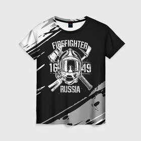 Женская футболка 3D с принтом FIREFIGHTER 1649 RUSSIA в Петрозаводске, 100% полиэфир ( синтетическое хлопкоподобное полотно) | прямой крой, круглый вырез горловины, длина до линии бедер | 112 | 27 декабря | firefighter | багор | белая | герб | гкчс | знак | лого | логотип | маска | мчс | мчсник | пожарная охрана | пожарник | пожарный | пч | россии | рф | серая | символ | служба | состаренная