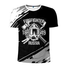 Мужская футболка 3D спортивная с принтом FIREFIGHTER 1649 RUSSIA в Петрозаводске, 100% полиэстер с улучшенными характеристиками | приталенный силуэт, круглая горловина, широкие плечи, сужается к линии бедра | Тематика изображения на принте: 112 | 27 декабря | firefighter | багор | белая | герб | гкчс | знак | лого | логотип | маска | мчс | мчсник | пожарная охрана | пожарник | пожарный | пч | россии | рф | серая | символ | служба | состаренная