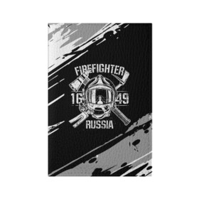 Обложка для паспорта матовая кожа с принтом FIREFIGHTER 1649 RUSSIA в Петрозаводске, натуральная матовая кожа | размер 19,3 х 13,7 см; прозрачные пластиковые крепления | Тематика изображения на принте: 112 | 27 декабря | firefighter | багор | белая | герб | гкчс | знак | лого | логотип | маска | мчс | мчсник | пожарная охрана | пожарник | пожарный | пч | россии | рф | серая | символ | служба | состаренная
