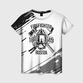 Женская футболка 3D с принтом FIREFIGHTER 1649 RUSSIA в Петрозаводске, 100% полиэфир ( синтетическое хлопкоподобное полотно) | прямой крой, круглый вырез горловины, длина до линии бедер | 112 | 27 декабря | firefighter | багор | белая | герб | гкчс | знак | лого | логотип | маска | мчс | мчсник | пожарная охрана | пожарник | пожарный | пч | россии | рф | серая | символ | служба | состаренная