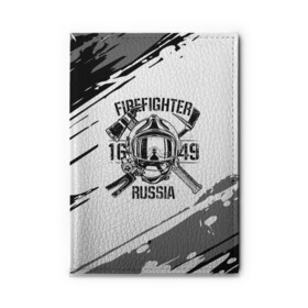 Обложка для автодокументов с принтом FIREFIGHTER 1649 RUSSIA в Петрозаводске, натуральная кожа |  размер 19,9*13 см; внутри 4 больших “конверта” для документов и один маленький отдел — туда идеально встанут права | 112 | 27 декабря | firefighter | багор | белая | герб | гкчс | знак | лого | логотип | маска | мчс | мчсник | пожарная охрана | пожарник | пожарный | пч | россии | рф | серая | символ | служба | состаренная