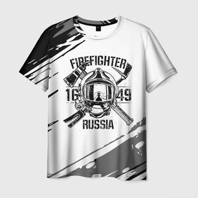 Мужская футболка 3D с принтом FIREFIGHTER 1649 RUSSIA в Петрозаводске, 100% полиэфир | прямой крой, круглый вырез горловины, длина до линии бедер | Тематика изображения на принте: 112 | 27 декабря | firefighter | багор | белая | герб | гкчс | знак | лого | логотип | маска | мчс | мчсник | пожарная охрана | пожарник | пожарный | пч | россии | рф | серая | символ | служба | состаренная