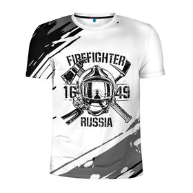 Мужская футболка 3D спортивная с принтом FIREFIGHTER 1649 RUSSIA в Петрозаводске, 100% полиэстер с улучшенными характеристиками | приталенный силуэт, круглая горловина, широкие плечи, сужается к линии бедра | 112 | 27 декабря | firefighter | багор | белая | герб | гкчс | знак | лого | логотип | маска | мчс | мчсник | пожарная охрана | пожарник | пожарный | пч | россии | рф | серая | символ | служба | состаренная