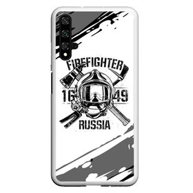 Чехол для Honor 20 с принтом FIREFIGHTER 1649 RUSSIA в Петрозаводске, Силикон | Область печати: задняя сторона чехла, без боковых панелей | Тематика изображения на принте: 112 | 27 декабря | firefighter | багор | белая | герб | гкчс | знак | лого | логотип | маска | мчс | мчсник | пожарная охрана | пожарник | пожарный | пч | россии | рф | серая | символ | служба | состаренная