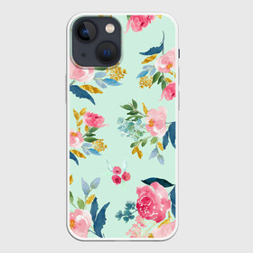 Чехол для iPhone 13 mini с принтом Цветы в Петрозаводске,  |  | 2020 | summer | желтый | зеленый | летний принт | лето | розовые цветы | розовый | цветочки | цветы