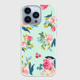 Чехол для iPhone 13 Pro с принтом Цветы в Петрозаводске,  |  | Тематика изображения на принте: 2020 | summer | желтый | зеленый | летний принт | лето | розовые цветы | розовый | цветочки | цветы