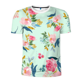Мужская футболка 3D спортивная с принтом Цветы в Петрозаводске, 100% полиэстер с улучшенными характеристиками | приталенный силуэт, круглая горловина, широкие плечи, сужается к линии бедра | 2020 | summer | желтый | зеленый | летний принт | лето | розовые цветы | розовый | цветочки | цветы