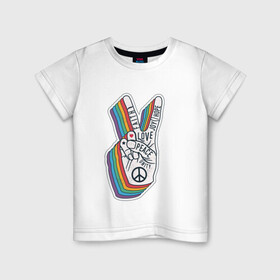 Детская футболка хлопок с принтом PEACE LOVE HOPE (Z) в Петрозаводске, 100% хлопок | круглый вырез горловины, полуприлегающий силуэт, длина до линии бедер | hope | love | peace | два пальца | жесть | знак | любить | любовь | мир | радуга | хипи | хиппи