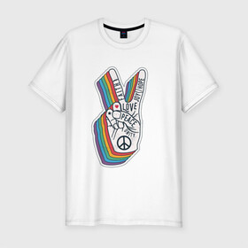 Мужская футболка хлопок Slim с принтом PEACE LOVE HOPE (Z) в Петрозаводске, 92% хлопок, 8% лайкра | приталенный силуэт, круглый вырез ворота, длина до линии бедра, короткий рукав | hope | love | peace | два пальца | жесть | знак | любить | любовь | мир | радуга | хипи | хиппи