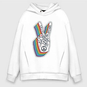 Мужское худи Oversize хлопок с принтом PEACE LOVE HOPE (Z) в Петрозаводске, френч-терри — 70% хлопок, 30% полиэстер. Мягкий теплый начес внутри —100% хлопок | боковые карманы, эластичные манжеты и нижняя кромка, капюшон на магнитной кнопке | Тематика изображения на принте: hope | love | peace | два пальца | жесть | знак | любить | любовь | мир | радуга | хипи | хиппи