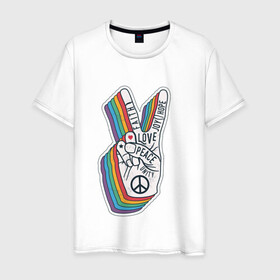Мужская футболка хлопок с принтом PEACE LOVE HOPE (Z) в Петрозаводске, 100% хлопок | прямой крой, круглый вырез горловины, длина до линии бедер, слегка спущенное плечо. | hope | love | peace | два пальца | жесть | знак | любить | любовь | мир | радуга | хипи | хиппи