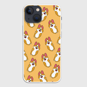 Чехол для iPhone 13 mini с принтом Радость Корги паттерн в Петрозаводске,  |  | animals | baby | corgi | cute | kawaii | like | девушкам | детские | зверек | зверь | каваи | корги | лапки | малыш | милый | няшный | питомец | прикольные | пушистик | рисунок | рыжий | собака | собачка | создания | счастье