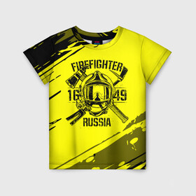 Детская футболка 3D с принтом FIREFIGHTER 1649 RUSSIA в Петрозаводске, 100% гипоаллергенный полиэфир | прямой крой, круглый вырез горловины, длина до линии бедер, чуть спущенное плечо, ткань немного тянется | 112 | firefighter | багор | герб | гкчс | желтая | знак | лого | логотип | мчс | мчсник | пожарная охрана | пожарник | пожарный | пч | россии | рф | серая | символ | служба | спасатель | спасения | топор | флаг