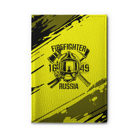 Обложка для автодокументов с принтом FIREFIGHTER 1649 RUSSIA в Петрозаводске, натуральная кожа |  размер 19,9*13 см; внутри 4 больших “конверта” для документов и один маленький отдел — туда идеально встанут права | 112 | firefighter | багор | герб | гкчс | желтая | знак | лого | логотип | мчс | мчсник | пожарная охрана | пожарник | пожарный | пч | россии | рф | серая | символ | служба | спасатель | спасения | топор | флаг