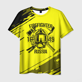 Мужская футболка 3D с принтом FIREFIGHTER 1649 RUSSIA в Петрозаводске, 100% полиэфир | прямой крой, круглый вырез горловины, длина до линии бедер | Тематика изображения на принте: 112 | firefighter | багор | герб | гкчс | желтая | знак | лого | логотип | мчс | мчсник | пожарная охрана | пожарник | пожарный | пч | россии | рф | серая | символ | служба | спасатель | спасения | топор | флаг