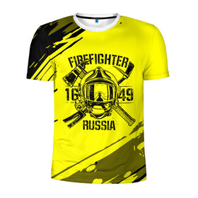 Мужская футболка 3D спортивная с принтом FIREFIGHTER 1649 RUSSIA в Петрозаводске, 100% полиэстер с улучшенными характеристиками | приталенный силуэт, круглая горловина, широкие плечи, сужается к линии бедра | Тематика изображения на принте: 112 | firefighter | багор | герб | гкчс | желтая | знак | лого | логотип | мчс | мчсник | пожарная охрана | пожарник | пожарный | пч | россии | рф | серая | символ | служба | спасатель | спасения | топор | флаг
