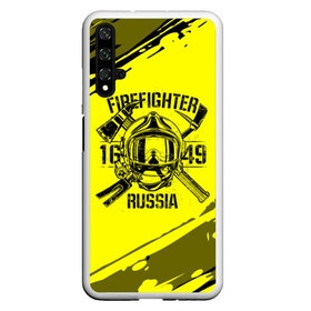 Чехол для Honor 20 с принтом FIREFIGHTER 1649 RUSSIA в Петрозаводске, Силикон | Область печати: задняя сторона чехла, без боковых панелей | Тематика изображения на принте: 112 | firefighter | багор | герб | гкчс | желтая | знак | лого | логотип | мчс | мчсник | пожарная охрана | пожарник | пожарный | пч | россии | рф | серая | символ | служба | спасатель | спасения | топор | флаг