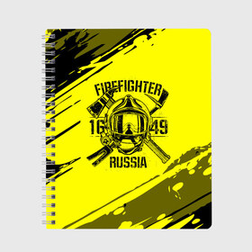 Тетрадь с принтом FIREFIGHTER 1649 RUSSIA в Петрозаводске, 100% бумага | 48 листов, плотность листов — 60 г/м2, плотность картонной обложки — 250 г/м2. Листы скреплены сбоку удобной пружинной спиралью. Уголки страниц и обложки скругленные. Цвет линий — светло-серый
 | Тематика изображения на принте: 112 | firefighter | багор | герб | гкчс | желтая | знак | лого | логотип | мчс | мчсник | пожарная охрана | пожарник | пожарный | пч | россии | рф | серая | символ | служба | спасатель | спасения | топор | флаг