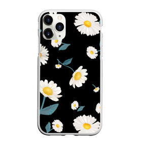 Чехол для iPhone 11 Pro матовый с принтом Ромашки в Петрозаводске, Силикон |  | белый | для девушек | желтый | летний принт | листочки цветов | ромашка | ромашки | цветочки | цветы | черный фон