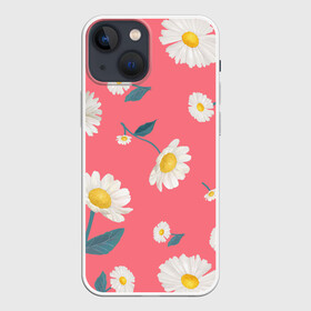Чехол для iPhone 13 mini с принтом Ромашки в Петрозаводске,  |  | белый | для девушек | желтый | летний принт | листочки цветов | розовый фон | ромашка | ромашки | цветочки | цветы