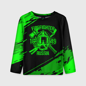 Детский лонгслив 3D с принтом FIREFIGHTER 1649 RUSSIA в Петрозаводске, 100% полиэстер | длинные рукава, круглый вырез горловины, полуприлегающий силуэт
 | Тематика изображения на принте: 112 | firefighter | багор | герб | гкчс | зеленая | знак | лого | логотип | мчс | мчсник | пожарная охрана | пожарник | пожарный | пч | россии | рф | серая | символ | служба | спасатель | спасения | топор | флаг
