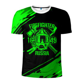 Мужская футболка 3D спортивная с принтом FIREFIGHTER 1649 RUSSIA в Петрозаводске, 100% полиэстер с улучшенными характеристиками | приталенный силуэт, круглая горловина, широкие плечи, сужается к линии бедра | Тематика изображения на принте: 112 | firefighter | багор | герб | гкчс | зеленая | знак | лого | логотип | мчс | мчсник | пожарная охрана | пожарник | пожарный | пч | россии | рф | серая | символ | служба | спасатель | спасения | топор | флаг