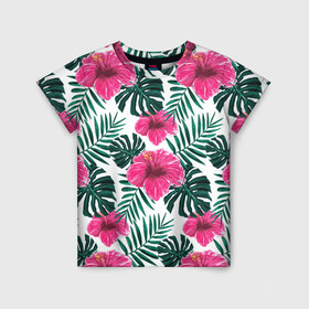Детская футболка 3D с принтом Гавайский гибискус в Петрозаводске, 100% гипоаллергенный полиэфир | прямой крой, круглый вырез горловины, длина до линии бедер, чуть спущенное плечо, ткань немного тянется | flower | hawaii | hibiscus | palms | summer | sun | ботаника | гаваи | гавайи | гавайка | гавайская | гибискус | красочная | летняя | лето | листья | отдых | отпуск | пальма | пальмы | пляж | растения | символ