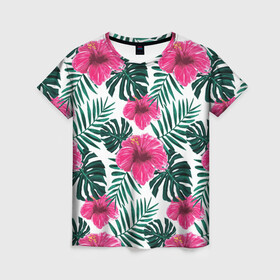 Женская футболка 3D с принтом Гавайский гибискус в Петрозаводске, 100% полиэфир ( синтетическое хлопкоподобное полотно) | прямой крой, круглый вырез горловины, длина до линии бедер | flower | hawaii | hibiscus | palms | summer | sun | ботаника | гаваи | гавайи | гавайка | гавайская | гибискус | красочная | летняя | лето | листья | отдых | отпуск | пальма | пальмы | пляж | растения | символ