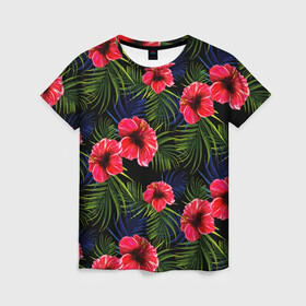 Женская футболка 3D с принтом Тропические цветы и листья в Петрозаводске, 100% полиэфир ( синтетическое хлопкоподобное полотно) | прямой крой, круглый вырез горловины, длина до линии бедер | flower | flowers | palms | summer | sun | tropical | ботаника | гавайи hawaii | гавайка | гавайская | красочная | летняя | лето | листья | отдых | отпуск | пальма | пальмы | пляж | растения | символ | тропики | тропические
