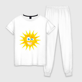 Женская пижама хлопок с принтом Летнее солнце в Петрозаводске, 100% хлопок | брюки и футболка прямого кроя, без карманов, на брюках мягкая резинка на поясе и по низу штанин | exclusive merch | зной | каникулы | лето | отпуск | солнце | солнышко