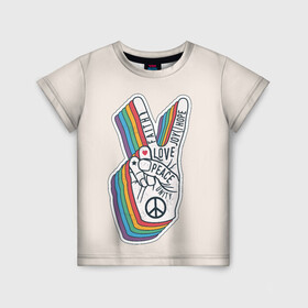 Детская футболка 3D с принтом PEACE and LOVE (Z) в Петрозаводске, 100% гипоаллергенный полиэфир | прямой крой, круглый вырез горловины, длина до линии бедер, чуть спущенное плечо, ткань немного тянется | Тематика изображения на принте: hope | love | peace | два пальца | жесть | знак | любить | любовь | мир | радуга | хипи | хиппи