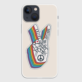 Чехол для iPhone 13 mini с принтом PEACE and LOVE | МИР и ЛЮБОВЬ (Z) в Петрозаводске,  |  | Тематика изображения на принте: hope | love | peace | два пальца | жесть | знак | любить | любовь | мир | радуга | хипи | хиппи