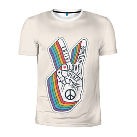 Мужская футболка 3D спортивная с принтом PEACE and LOVE (Z) в Петрозаводске, 100% полиэстер с улучшенными характеристиками | приталенный силуэт, круглая горловина, широкие плечи, сужается к линии бедра | Тематика изображения на принте: hope | love | peace | два пальца | жесть | знак | любить | любовь | мир | радуга | хипи | хиппи