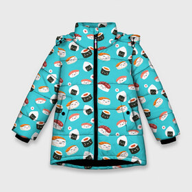 Зимняя куртка для девочек 3D с принтом Sushi в Петрозаводске, ткань верха — 100% полиэстер; подклад — 100% полиэстер, утеплитель — 100% полиэстер. | длина ниже бедра, удлиненная спинка, воротник стойка и отстегивающийся капюшон. Есть боковые карманы с листочкой на кнопках, утяжки по низу изделия и внутренний карман на молнии. 

Предусмотрены светоотражающий принт на спинке, радужный светоотражающий элемент на пуллере молнии и на резинке для утяжки. | sushi | еда | онигири | роллы | суши | япония