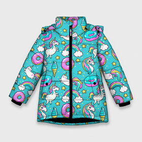 Зимняя куртка для девочек 3D с принтом Turquoise unicorn в Петрозаводске, ткань верха — 100% полиэстер; подклад — 100% полиэстер, утеплитель — 100% полиэстер. | длина ниже бедра, удлиненная спинка, воротник стойка и отстегивающийся капюшон. Есть боковые карманы с листочкой на кнопках, утяжки по низу изделия и внутренний карман на молнии. 

Предусмотрены светоотражающий принт на спинке, радужный светоотражающий элемент на пуллере молнии и на резинке для утяжки. | cat | donuts | turquoise | unicorn | бирюзовый | единорог | котики | пончики