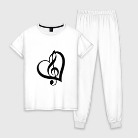 Женская пижама хлопок с принтом Скрипичный ключ в сердце в Петрозаводске, 100% хлопок | брюки и футболка прямого кроя, без карманов, на брюках мягкая резинка на поясе и по низу штанин | 