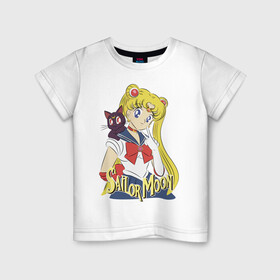 Детская футболка хлопок с принтом Sailor Moon & Luna в Петрозаводске, 100% хлопок | круглый вырез горловины, полуприлегающий силуэт, длина до линии бедер | Тематика изображения на принте: cat | girl | kitty | luna | moon | sailor moon | sailormoon | девочка | кот | котик | котэ | кошка | луна | мультяшка | сейлормун | сэйлор мун