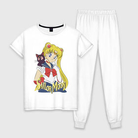 Женская пижама хлопок с принтом Sailor Moon & Luna в Петрозаводске, 100% хлопок | брюки и футболка прямого кроя, без карманов, на брюках мягкая резинка на поясе и по низу штанин | cat | girl | kitty | luna | moon | sailor moon | sailormoon | девочка | кот | котик | котэ | кошка | луна | мультяшка | сейлормун | сэйлор мун