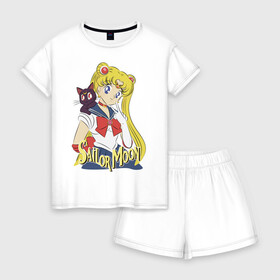 Женская пижама с шортиками хлопок с принтом Sailor Moon & Luna в Петрозаводске, 100% хлопок | футболка прямого кроя, шорты свободные с широкой мягкой резинкой | cat | girl | kitty | luna | moon | sailor moon | sailormoon | девочка | кот | котик | котэ | кошка | луна | мультяшка | сейлормун | сэйлор мун