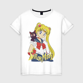 Женская футболка хлопок с принтом Sailor Moon & Luna в Петрозаводске, 100% хлопок | прямой крой, круглый вырез горловины, длина до линии бедер, слегка спущенное плечо | Тематика изображения на принте: cat | girl | kitty | luna | moon | sailor moon | sailormoon | девочка | кот | котик | котэ | кошка | луна | мультяшка | сейлормун | сэйлор мун