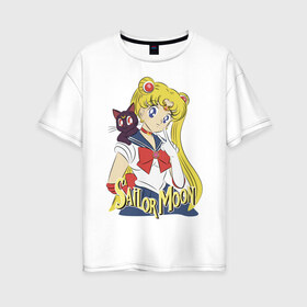 Женская футболка хлопок Oversize с принтом Sailor Moon & Luna в Петрозаводске, 100% хлопок | свободный крой, круглый ворот, спущенный рукав, длина до линии бедер
 | cat | girl | kitty | luna | moon | sailor moon | sailormoon | девочка | кот | котик | котэ | кошка | луна | мультяшка | сейлормун | сэйлор мун
