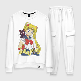 Женский костюм хлопок с принтом Sailor Moon & Luna в Петрозаводске, 100% хлопок | на свитшоте круглая горловина, мягкая резинка по низу. Брюки заужены к низу, на них два вида карманов: два 