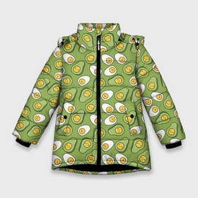 Зимняя куртка для девочек 3D с принтом Avocado and Eggs в Петрозаводске, ткань верха — 100% полиэстер; подклад — 100% полиэстер, утеплитель — 100% полиэстер. | длина ниже бедра, удлиненная спинка, воротник стойка и отстегивающийся капюшон. Есть боковые карманы с листочкой на кнопках, утяжки по низу изделия и внутренний карман на молнии. 

Предусмотрены светоотражающий принт на спинке, радужный светоотражающий элемент на пуллере молнии и на резинке для утяжки. | avo | avocado | avoegg | egg | eggs | авокадо | яйца
