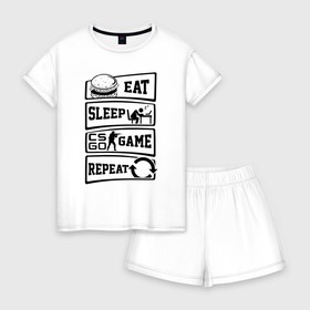 Женская пижама с шортиками хлопок с принтом Eat Sleep CS GO repeat в Петрозаводске, 100% хлопок | футболка прямого кроя, шорты свободные с широкой мягкой резинкой | counter strike global | cs go | eat | game | sleep | контра | кс | кс го